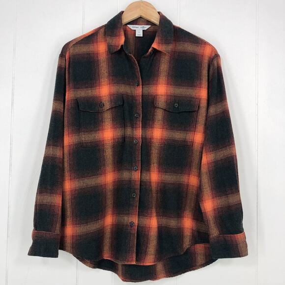 Old Navy Boyfriend Shirt Flannel Swiftie Evermore Size Medium Orange Black Plaid - Picture 1 of 16